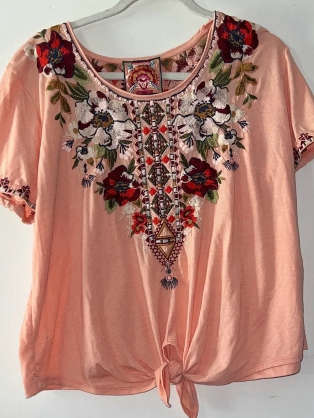 Johnny Was Peach Embroidered Knot-Front Short Sleeve Top - Picture 1 of 5